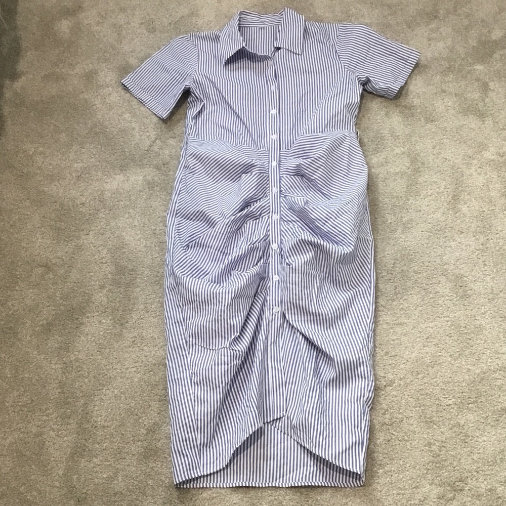SHEIN Blue & White Vertical Stripe Midi Shirt Dress